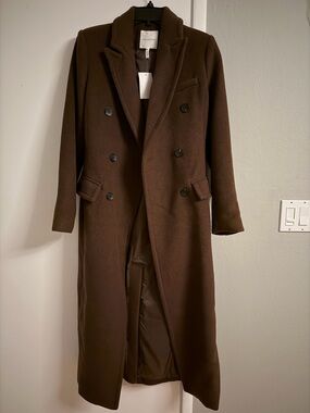 NWT Avec Les Filles Double Breasted Maxi Coat Brown Wool Blend Small